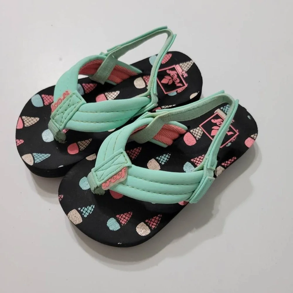 Reef Shoe Baby Girl 4 Little Ahi Flip Flop Sandal Teal Black Ice Cream Slingback